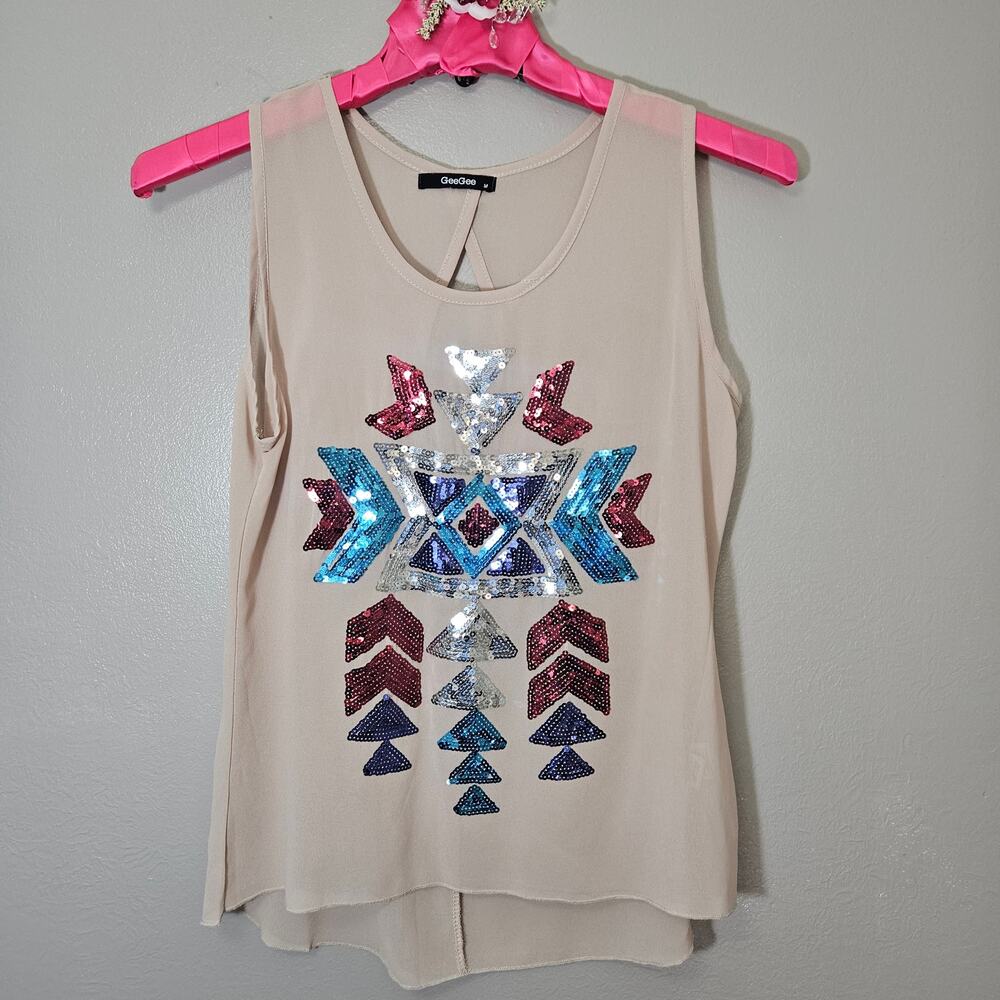 GeeGee Beige Sequin Southwestern Aztec Tank Top M Keyhole Boho Cowgirl Festival